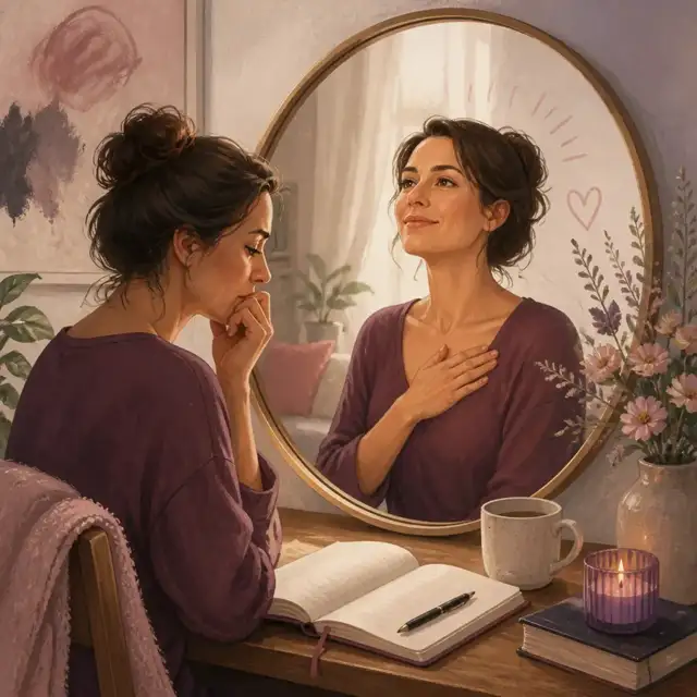 A woman replacing self-doubt with a kinder, more confident reflection