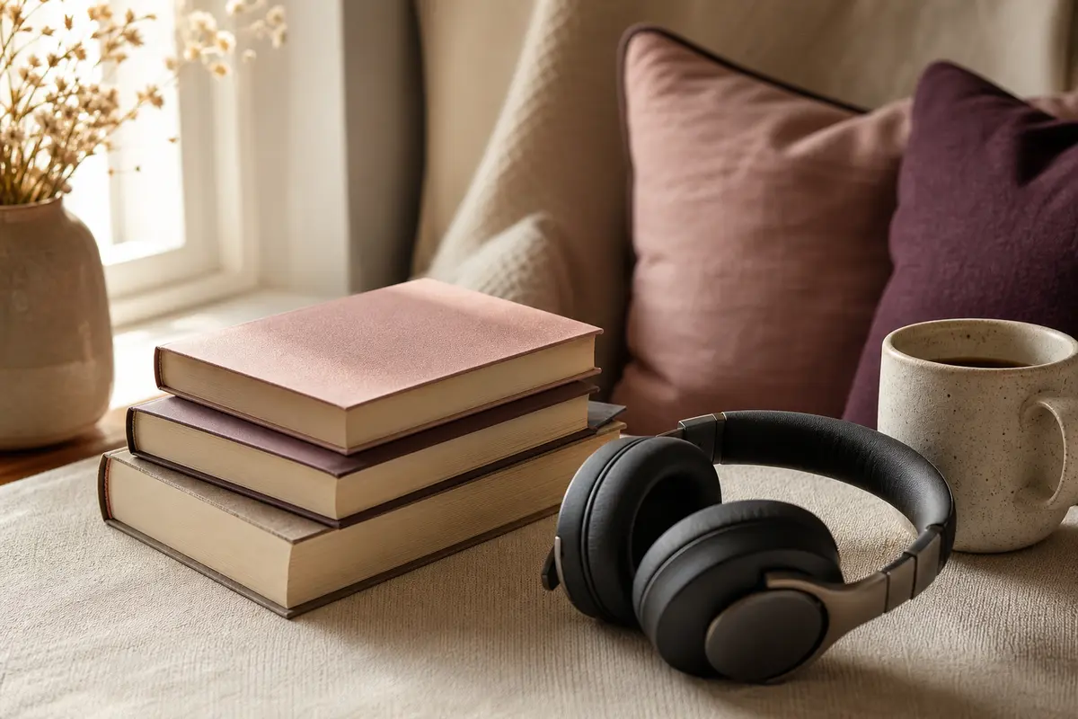 A stack of books, headphones and a mug in a cosy reading corner