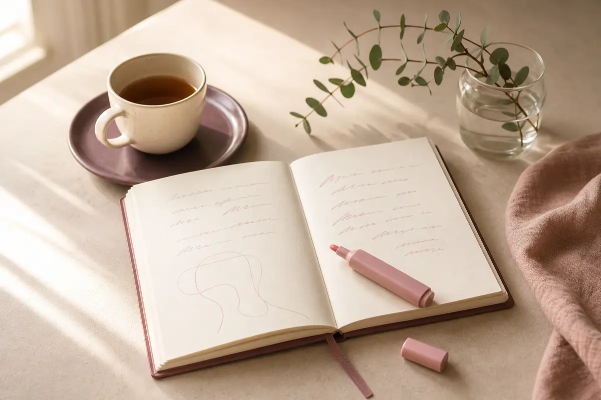 An open notebook, pink highlighter and cup of tea in soft sunlight
