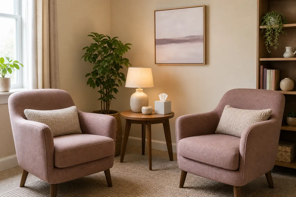 Two comfortable chairs facing each other in a welcoming therapy room